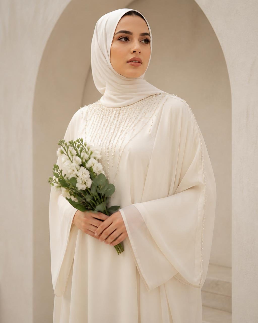 Ivory pearl abaya editorial