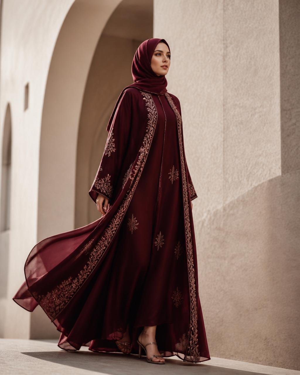 Burgundy embroidered abaya editorial