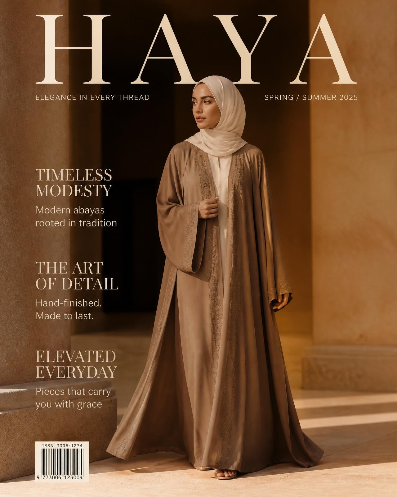 Woman in a flowing taupe abaya