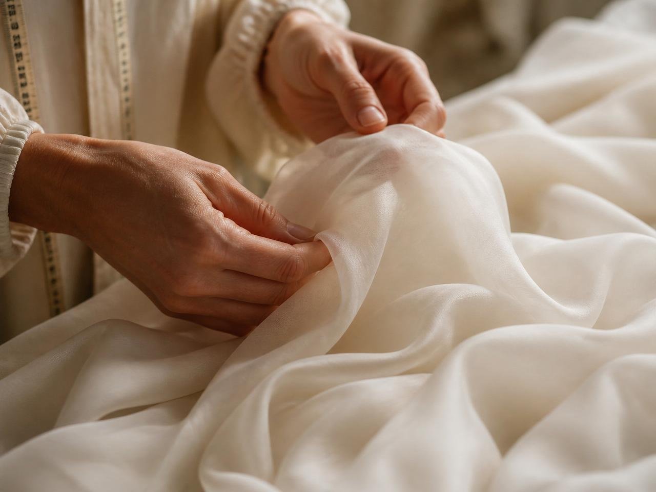 A hand gently touching flowing silk fabric